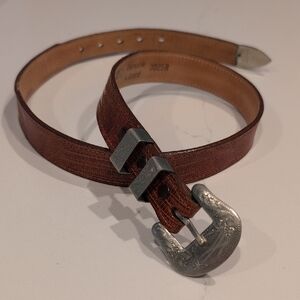 Justin Genuine Lizard Brown Belt With Hand Engraved Silver Buckle & Tip Size 28